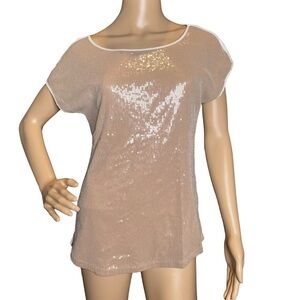 Calvin Klein Women's Size Small Tunic Beige Gold Sequin Cotton Blend Crew Neck
